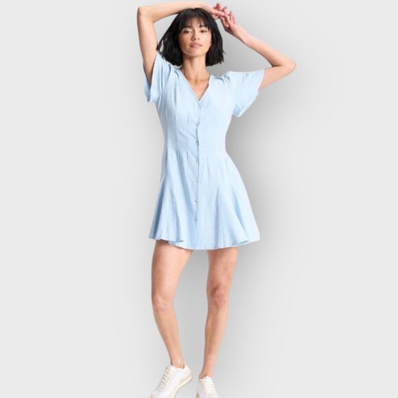 Universal Thread Medium Blue Short Sleeve V-Neck A-Line Dress Cottagecore Denim - Picture 2 of 9